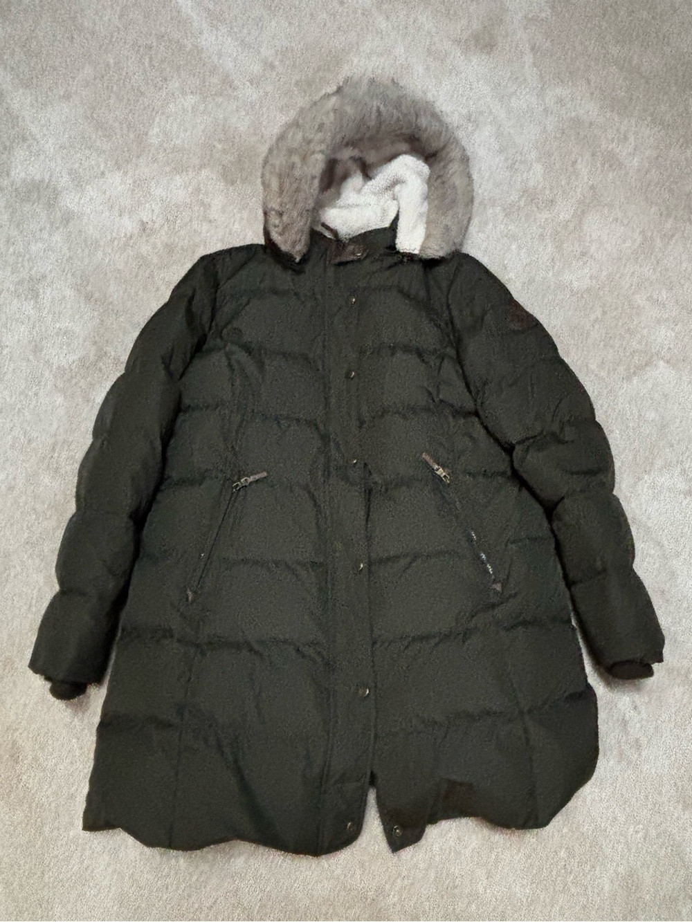 Ralph Lauren olive Quilted Puffer Coat with Faux-Fur Hood womens medium EUC